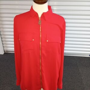 Red Zip Front Collared Blouse
